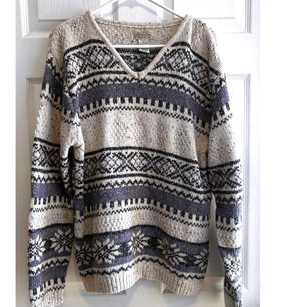 St Johns Bay Womens 2X Fair Isle Snowflake V Neck Sweater Tan Grey Black VTG 80s